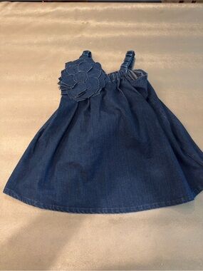 Hello Mello Girls Dark Blue Denim Flower-Detail Sundress. Size 4